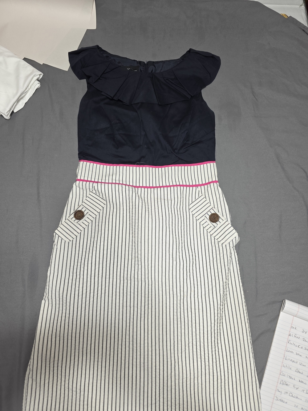 AGB Navy Bodice Midi Dress with White Pinstripe Skirt and Pink Trim